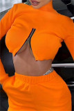 Orange Fashion Casual Solid Zipper Turtleneck Tops