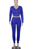 Colorful Blue Casual Solid Patchwork Zipper V Neck Long Sleeve Two Pieces