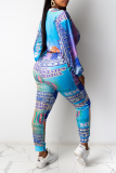 Blue Sexy Print Patchwork O Neck Long Sleeve Two Pieces