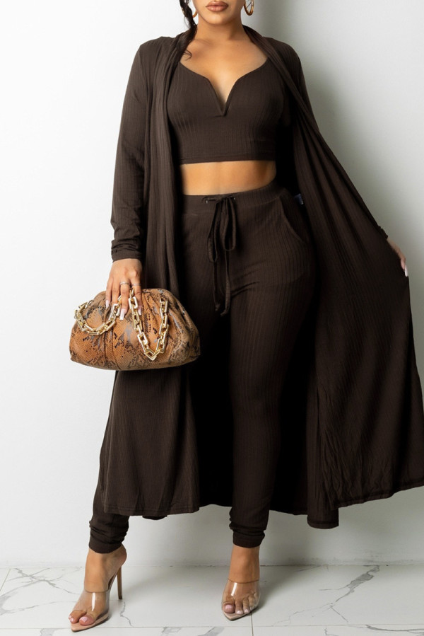 Dark Coffee Fashion Casual Print Cardigan Vests Pants V Neck Long Sleeve Three-piece Set pre-sale