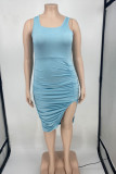 Sky Blue Casual Solid Patchwork High Opening Fold Asymmetrical U Neck Pencil Skirt Plus Size Dresses