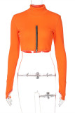 Orange Fashion Casual Solid Zipper Turtleneck Tops