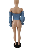 Blue Sexy Solid Fold Off the Shoulder Tops