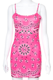 Pink Sexy Print Draw String Spaghetti Strap Pencil Skirt Dresses
