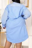 Blue Casual Striped Print Patchwork Buckle Turndown Collar Shirt Dress Dresses