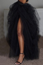 Black Fashion Casual Solid Split Joint Regular Mesh Skirt
