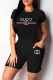 Black Fashion Casual Print Basic O Neck Short Sleeve Two Pieces