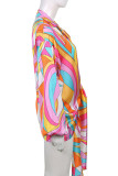 Multicolor Casual Print Patchwork Buckle Turndown Collar Tops