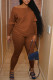 Coffee Casual Solid Patchwork O Neck Long Sleeve Two Pieces