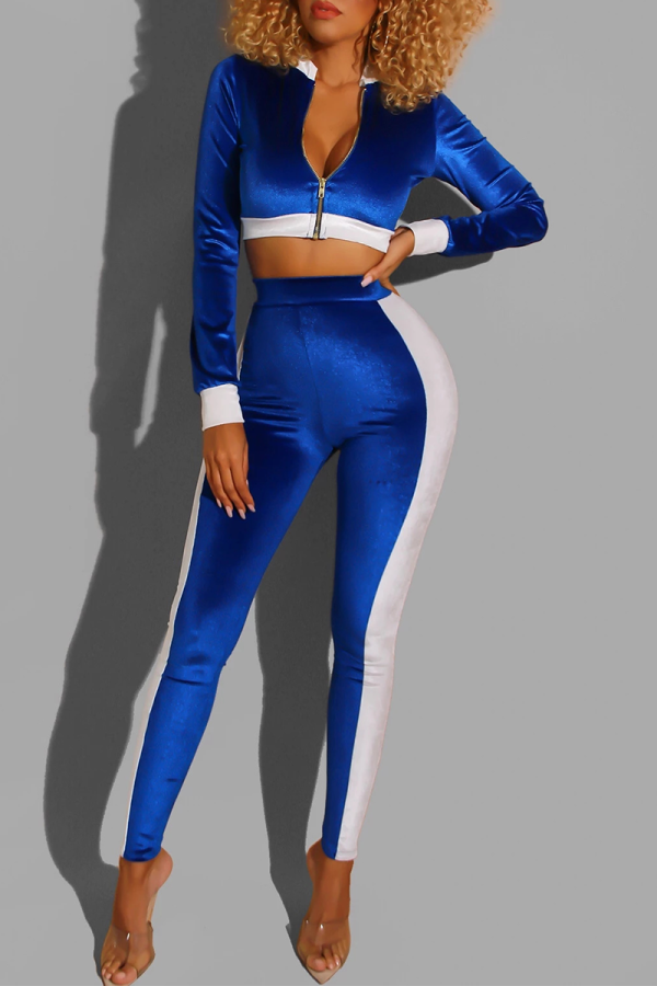 Blue Sexy Solid Patchwork Zipper Collar Long Sleeve Two Pieces