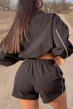 Black Sportswear Striped Print Patchwork Zipper Collar Long Sleeve Two Pieces