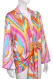 Multicolor Casual Print Patchwork Buckle Turndown Collar Tops