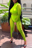 Fluorescent Yellow Fashion Sexy Patchwork See-through O Neck Skinny Jumpsuits