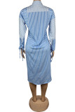 Blue Casual Striped Print Patchwork Buckle Turndown Collar Shirt Dress Dresses