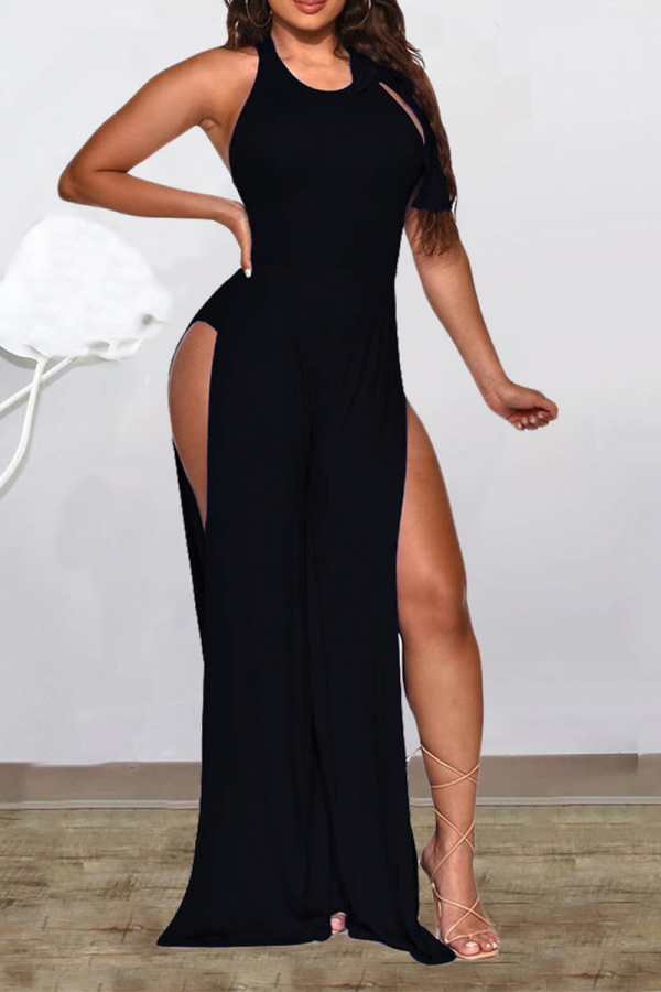 Black Sexy Solid Patchwork O Neck Regular Jumpsuits
