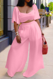 Pink Casual Solid Split Joint Square Collar Pencil Skirt Plus Size Two Pieces