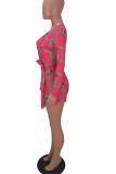 Rose Red Sexy Print Bandage Patchwork V Neck Regular Rompers