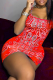 Red Sexy Print Draw String Spaghetti Strap Pencil Skirt Dresses