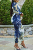 Multicolor Fashion Casual Tie Dye Printing O Neck Long Sleeve Dresses
