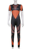 Orange Sexy Print Patchwork O Neck Skinny Jumpsuits