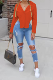 Red Sexy Solid Patchwork Turndown Collar Tops