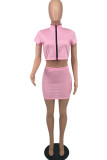 Pink Sexy Casual Solid Basic Zipper Collar Short Sleeve Two Pieces