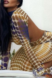 Yellow Sexy Print Patchwork Half A Turtleneck Pencil Skirt Dresses