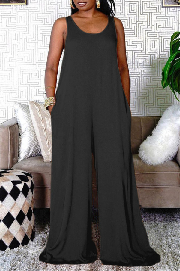 Black Fashion Casual Solid Basic O Neck Sleeveless Regular Jumpsuits