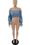 Blue Sexy Solid Fold Off the Shoulder Tops
