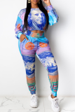 Blue Sexy Print Patchwork O Neck Long Sleeve Two Pieces