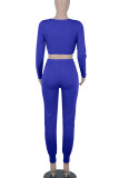 Colorful Blue Casual Solid Patchwork Zipper V Neck Long Sleeve Two Pieces