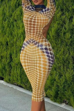 Yellow Sexy Print Patchwork Half A Turtleneck Pencil Skirt Dresses