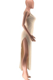 Pink Sexy Solid Patchwork High Opening Oblique Collar Dresses