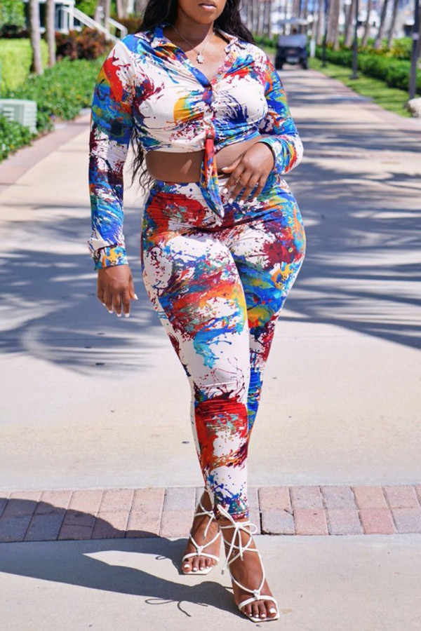 Blue Casual Print Patchwork Buckle Knotted Turndown Collar Long Sleeve Two Pieces