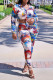 Blue Casual Print Patchwork Buckle Knotted Turndown Collar Long Sleeve Two Pieces