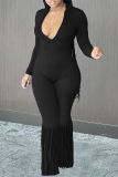 Orange Sexy Solid Tassel V Neck Skinny Jumpsuits