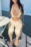 Blue Sexy Solid Hollowed Out Halter Skinny Jumpsuits