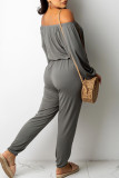 Grey Casual Solid Patchwork Off the Shoulder Long Sleeve Two Pieces