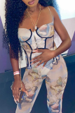 Blue Sexy Print Patchwork Spaghetti Strap Sleeveless Two Pieces
