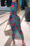 Blue Sexy Print Hollowed Out Patchwork Metal Accessories Decoration O Neck Pencil Skirt Dresses
