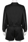 Black Sportswear Striped Print Patchwork Zipper Collar Long Sleeve Two Pieces