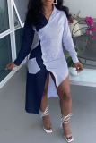 White Casual Striped Patchwork Turndown Collar Shirt Dress Dresses