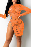 Red Sexy Solid Hollowed Out Patchwork Zipper Zipper Collar Pencil Skirt Dresses