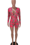 Rose Red Sexy Print Bandage Patchwork V Neck Regular Rompers