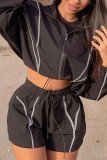 Black Sportswear Striped Print Patchwork Zipper Collar Long Sleeve Two Pieces
