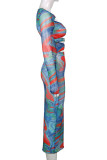 Blue Sexy Print Hollowed Out Patchwork Metal Accessories Decoration O Neck Pencil Skirt Dresses