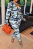 Blue Casual Print Patchwork Hooded Collar Long Sleeve Two Pieces