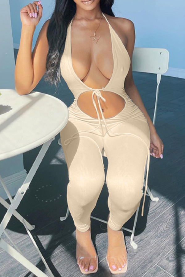 Apricot Sexy Solid Hollowed Out Halter Skinny Jumpsuits