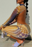 Yellow Sexy Print Patchwork Half A Turtleneck Pencil Skirt Dresses