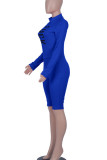 Blue Sportswear Letter Print Patchwork Zipper Collar Skinny Rompers